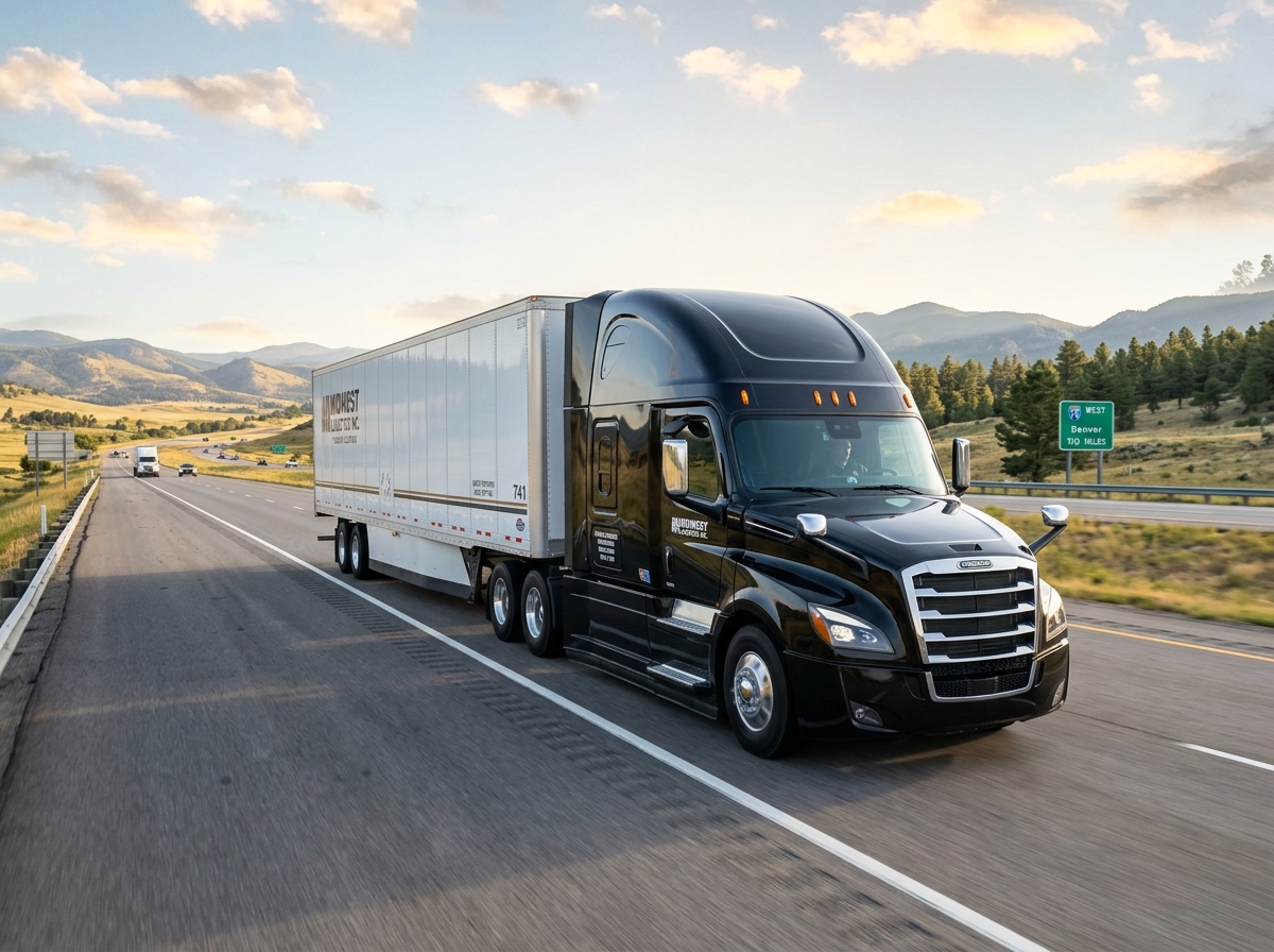 Modern commercial semi-truck hauling freight across US highway